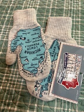 Michigan Map Mittens in Teal and Light Gray -